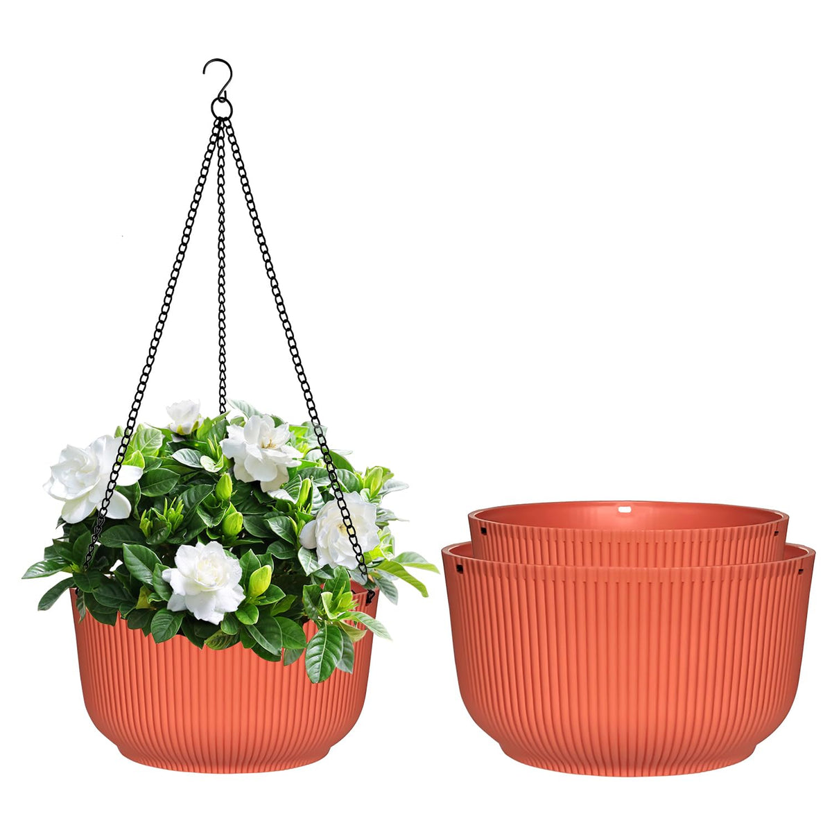 RooTrimmer hanging planter 9-inch matte orange for compact indoor display.
