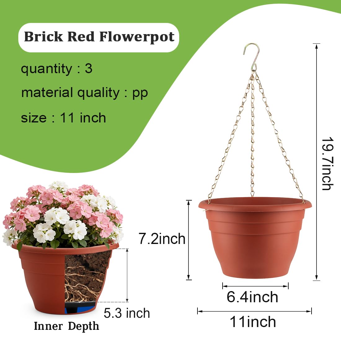 RooTrimmer hanging planter chain assembly secured for balcony or porch display
