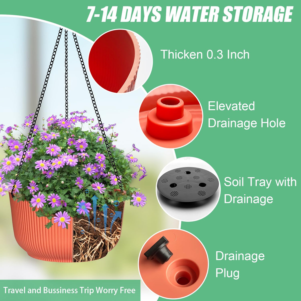 RooTrimmer self-watering tray included with hanging planter.