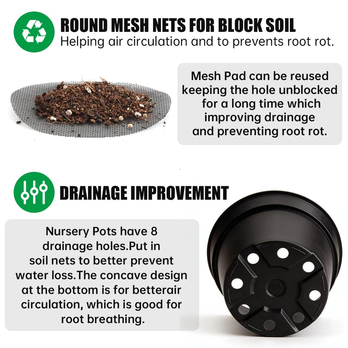 RooTrimmer mesh pads inside pots promote ventilation and moisture balance.