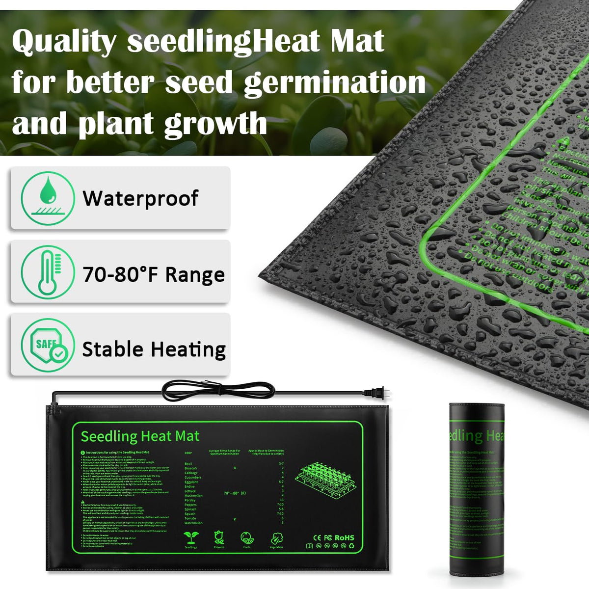 RooTrimmer waterproof heat mat maintains consistent warmth for sprouts.