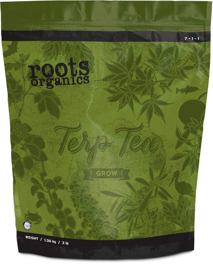 Roots Organics Terp Tea Grow bag closeup highlights natural nutrients for vigorous vegetative growth.