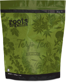 Roots Organics Terp Tea Grow mixing action demonstrates preparing micronized fertilizer for efficient feeding.