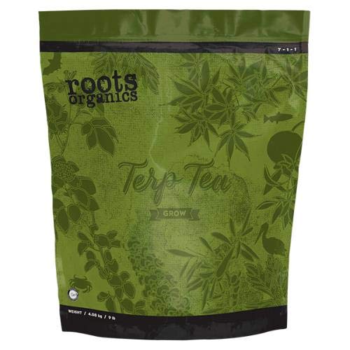 Roots Organics Terp Tea Grow soil application image shows ready-to-use base nutrition for high-yield plants.