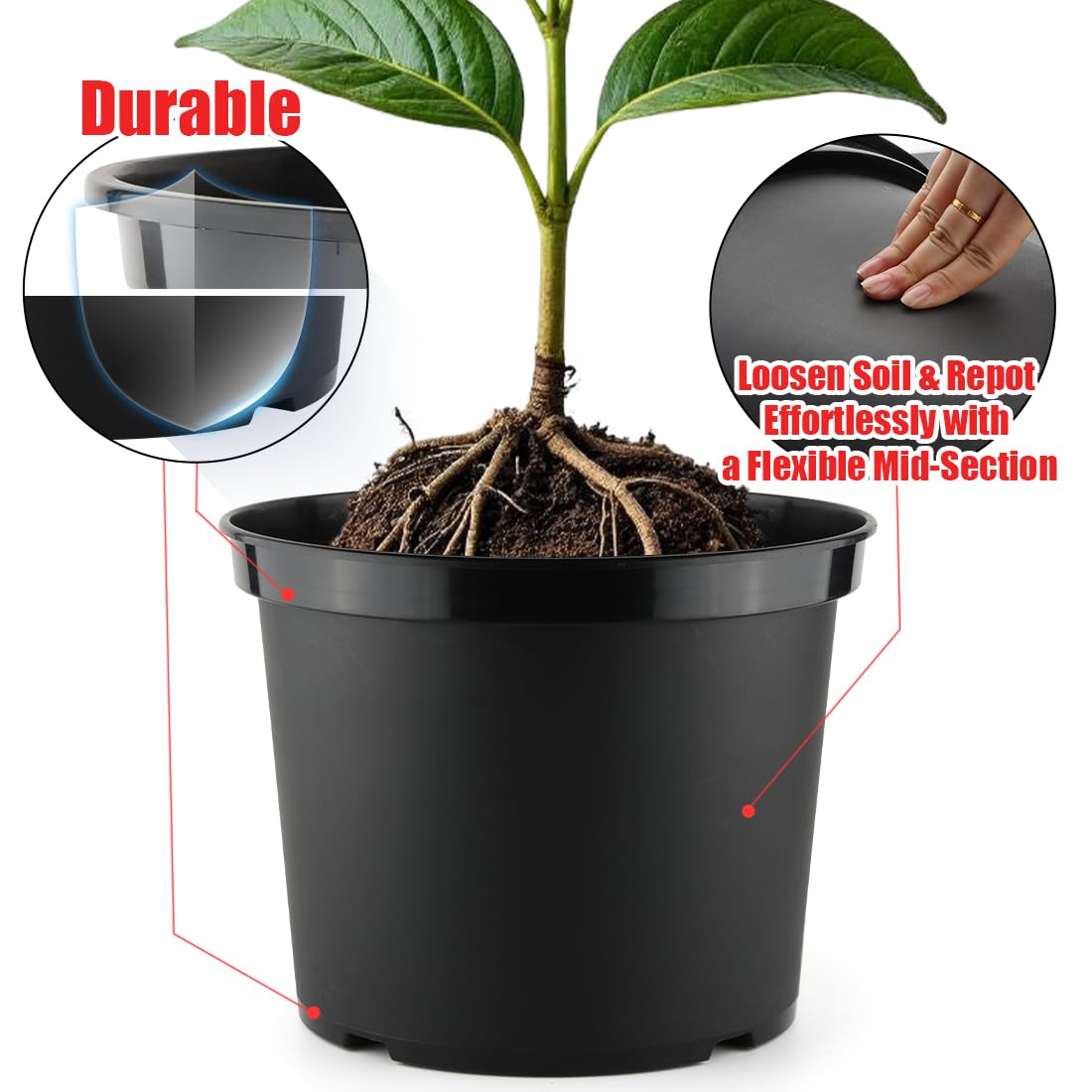 RooTrimmer pot with textured surface to minimize slipping during moves