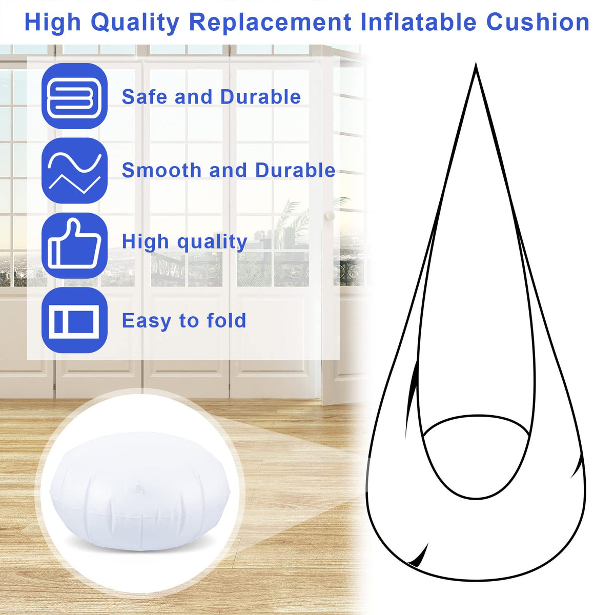 Roowest inflatable pod cushion in use, provides soft seating for indoor and outdoor swings.