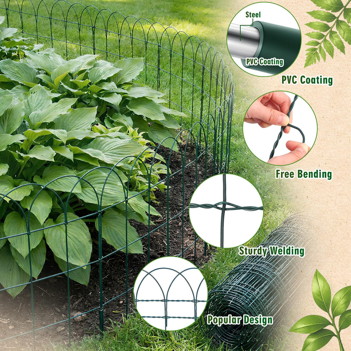 Roowest PVC-coated metal fence offers durable, weather-resistant edging for year-round use.