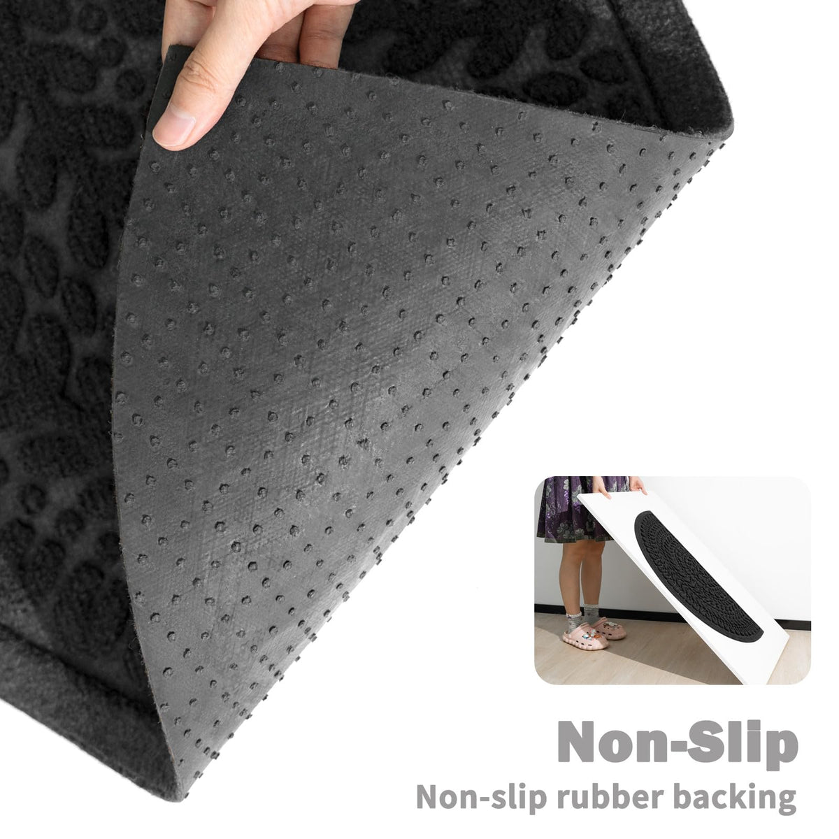 RORA mat with non-slip rubber backing keeps foot traffic safe on wet days.