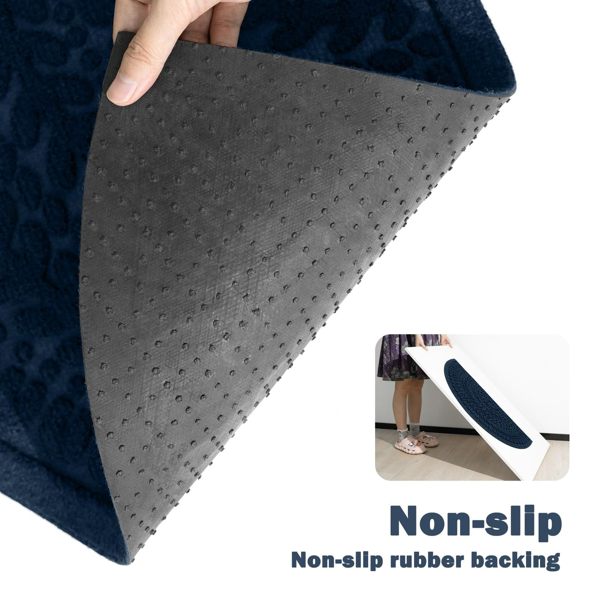 RORA outdoor indoor doormat demonstrates non-slip rubber backing for safer steps.