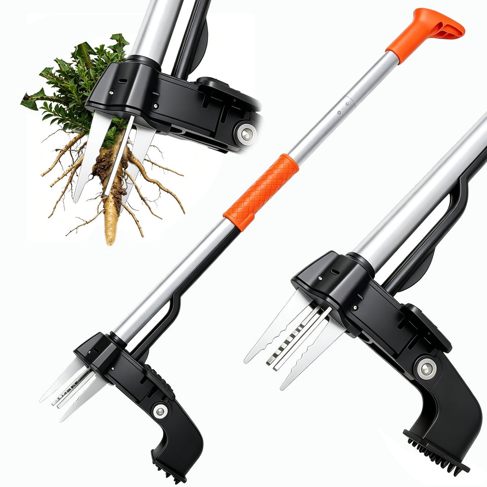 Rose Manor weed puller with 4-claw head grips deep roots for clean lawn removal.