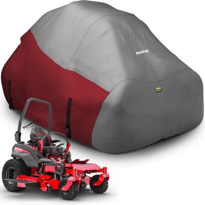 Rosefray zero turn mower cover in red protecting a 60-inch deck