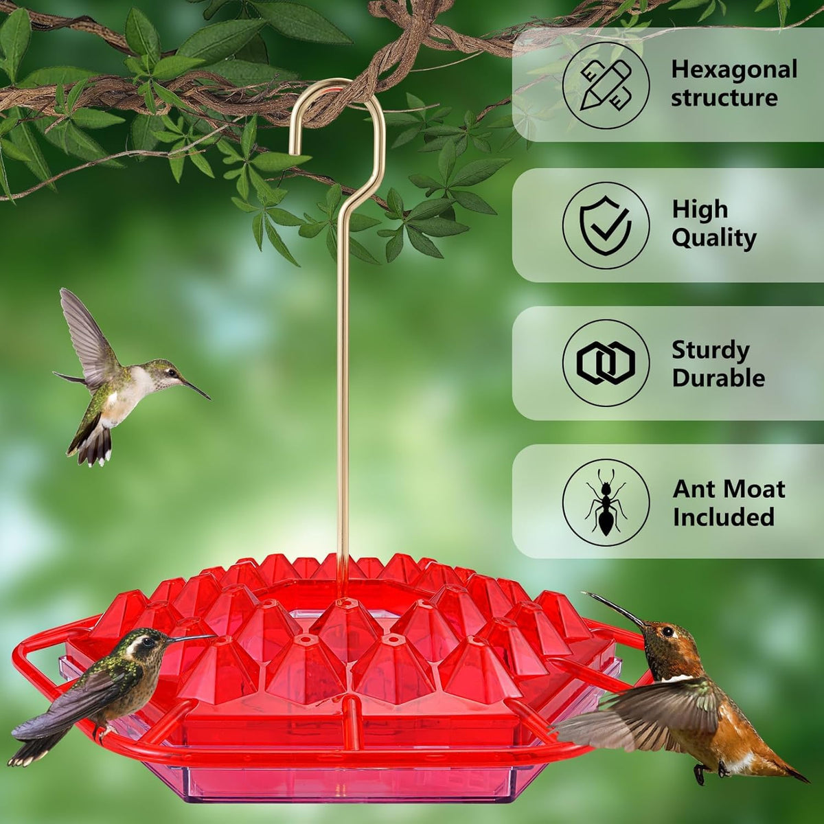 Roself hummingbird feeder shows leak-proof design to prevent drips.