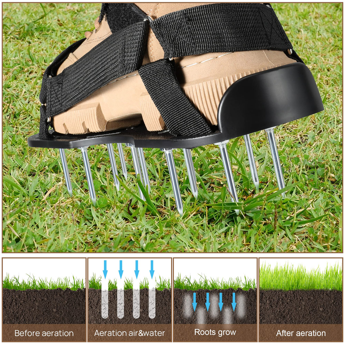 Spikes on rosgel Aerator Shoes penetrate soil to improve drainage.