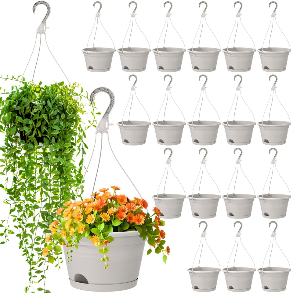 Roshtia 20-pack 10-inch hanging baskets showcase greenery on patios and balconies.