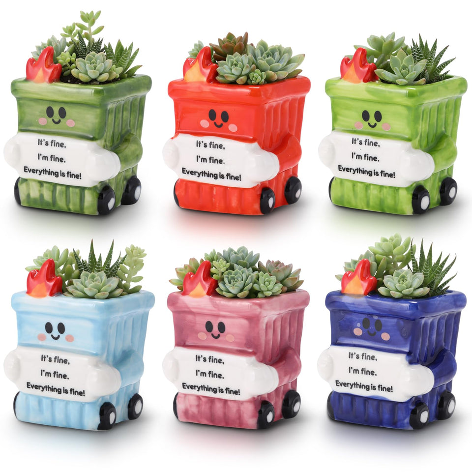 Roshtia dumpster fire planter in green and blue for desks and shelves