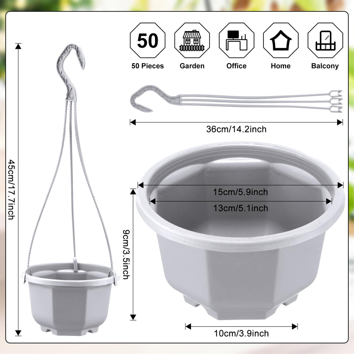 Roshtia hanging pot with detachable hooks for flexible indoor or outdoor displays