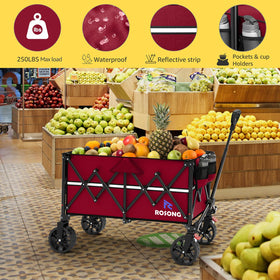 ROSONG burgundy collapsible wagon in garden supports outdoor chores.