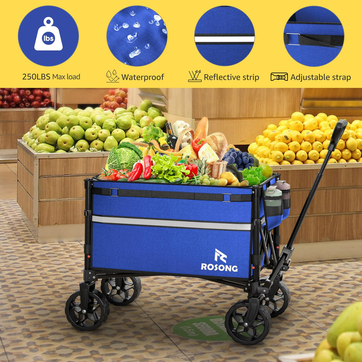 ROSONG collapsible wagon blue 360° wheels enable smooth maneuvering
