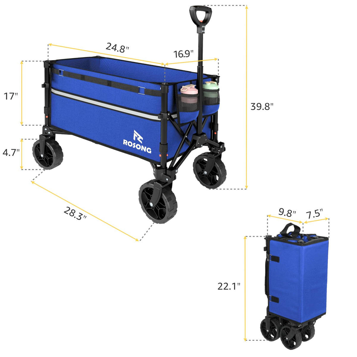 ROSONG collapsible wagon blue steel frame 1.2mm supports heavy loads