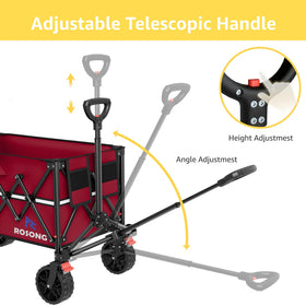 ROSONG burgundy wagon rolls smoothly on uneven terrain with durable wheels.