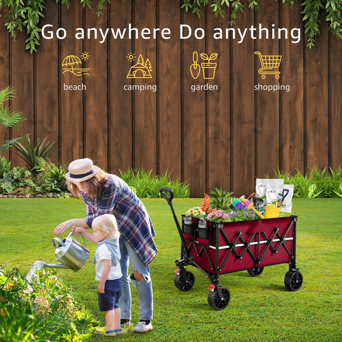 ROSONG collapsible wagon extended with wheels enables simple grocery and gear trips.