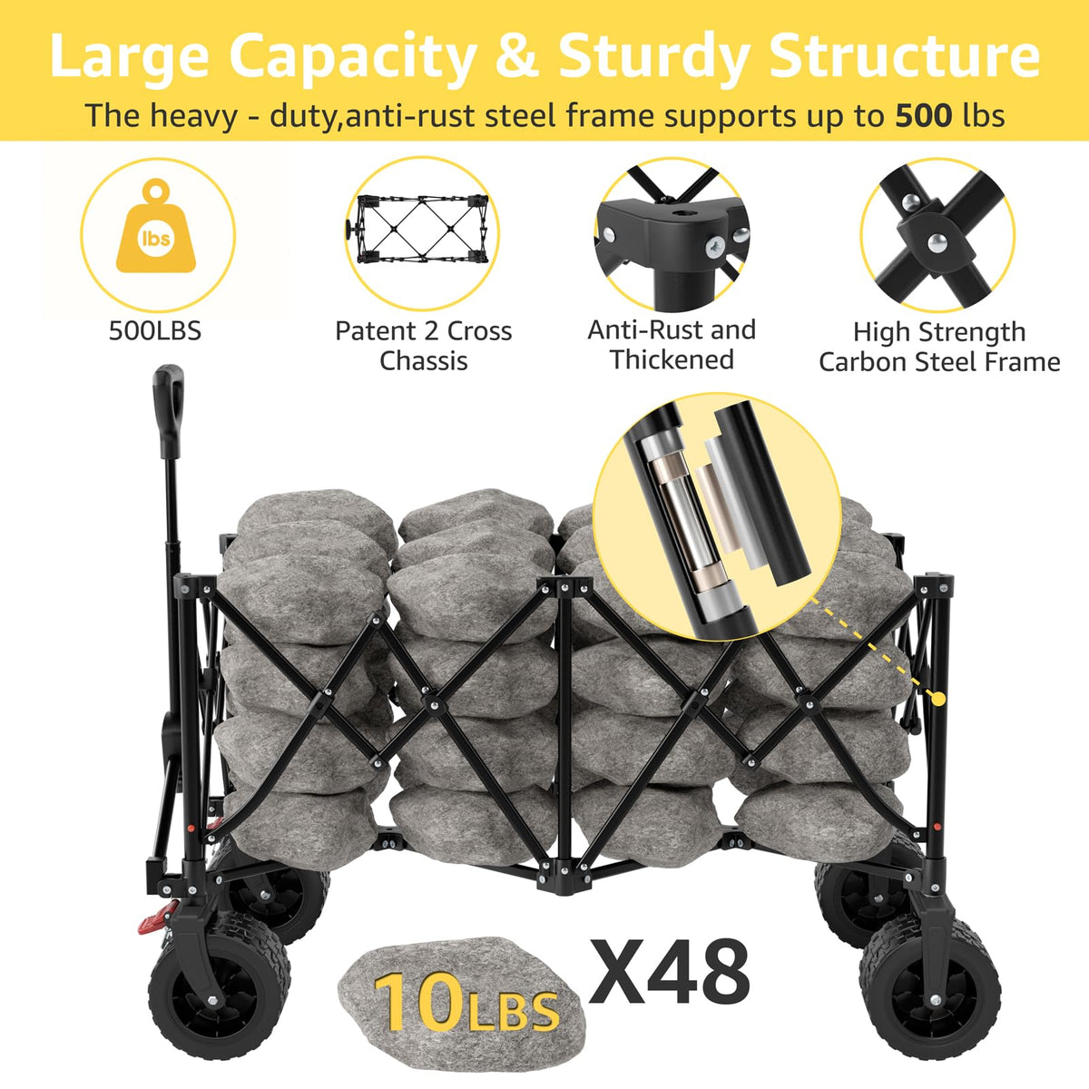 ROSONG collapsible wagon interior 260L offers spacious capacity for groceries or gear.