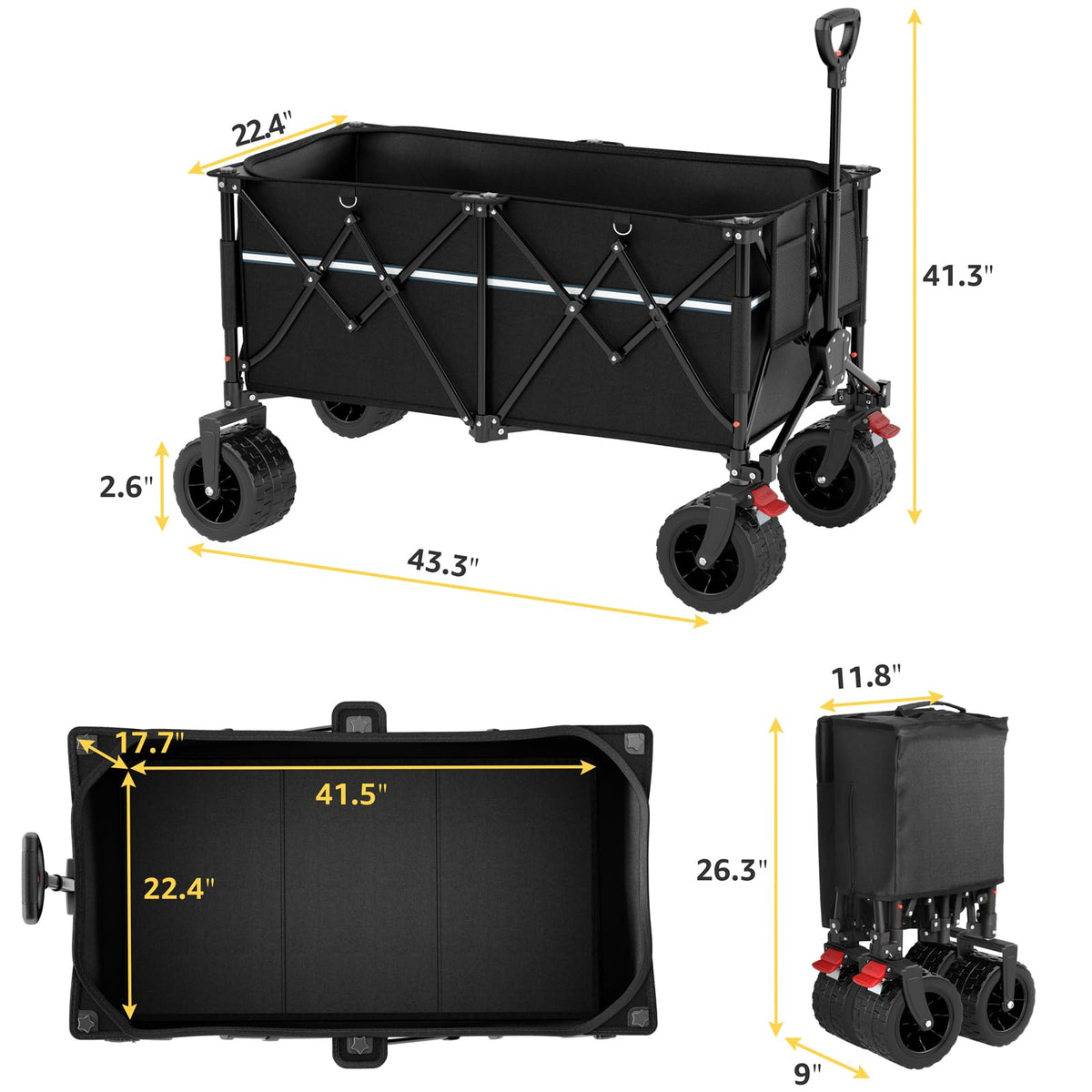 ROSONG collapsible wagon locking front wheels help prevent rolling on slopes.