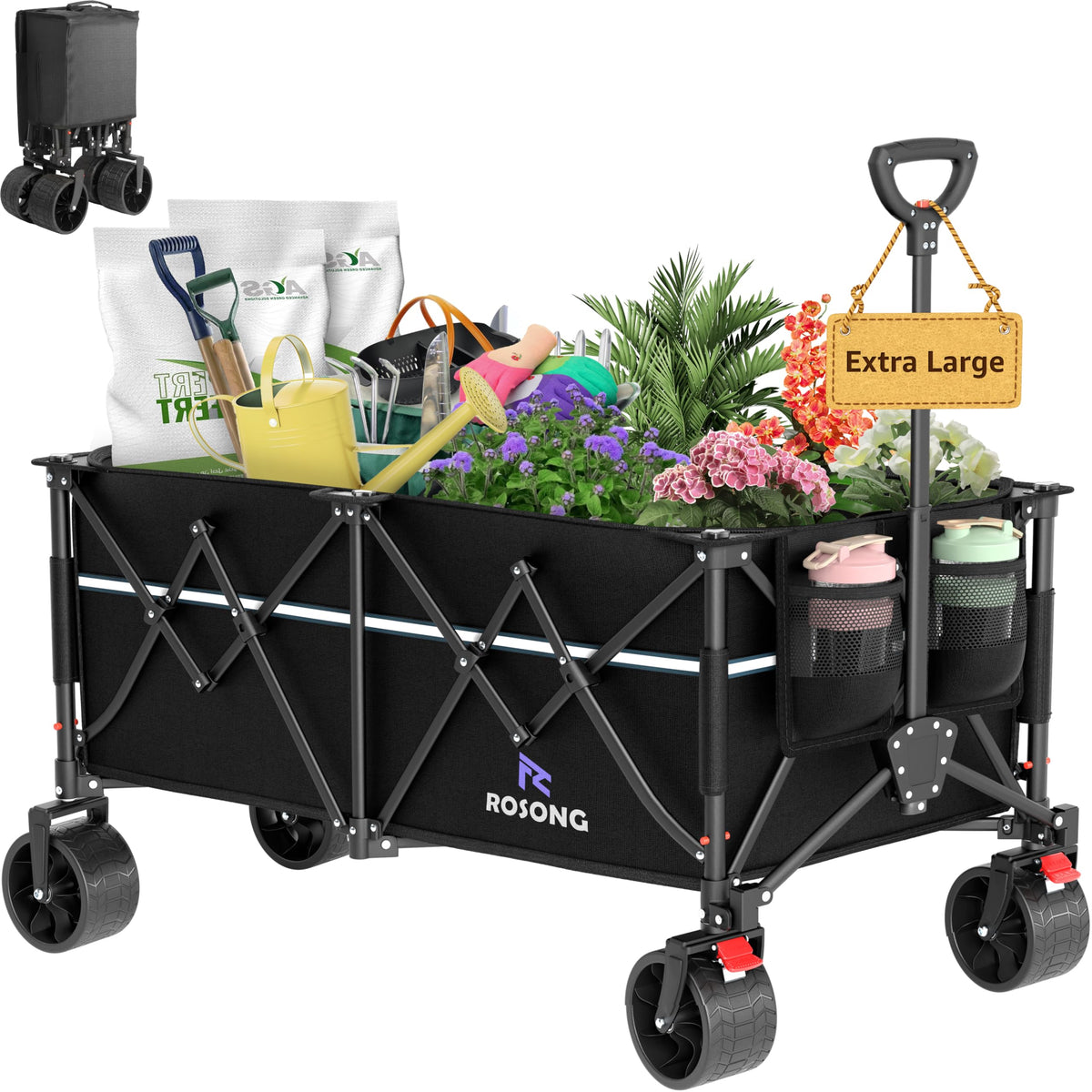ROSONG collapsible wagon wheels provide smooth all-terrain mobility for groceries and gear.