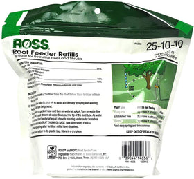 Close-up of Ross 14666 refills showing 25-10-10 formula for deciduous trees