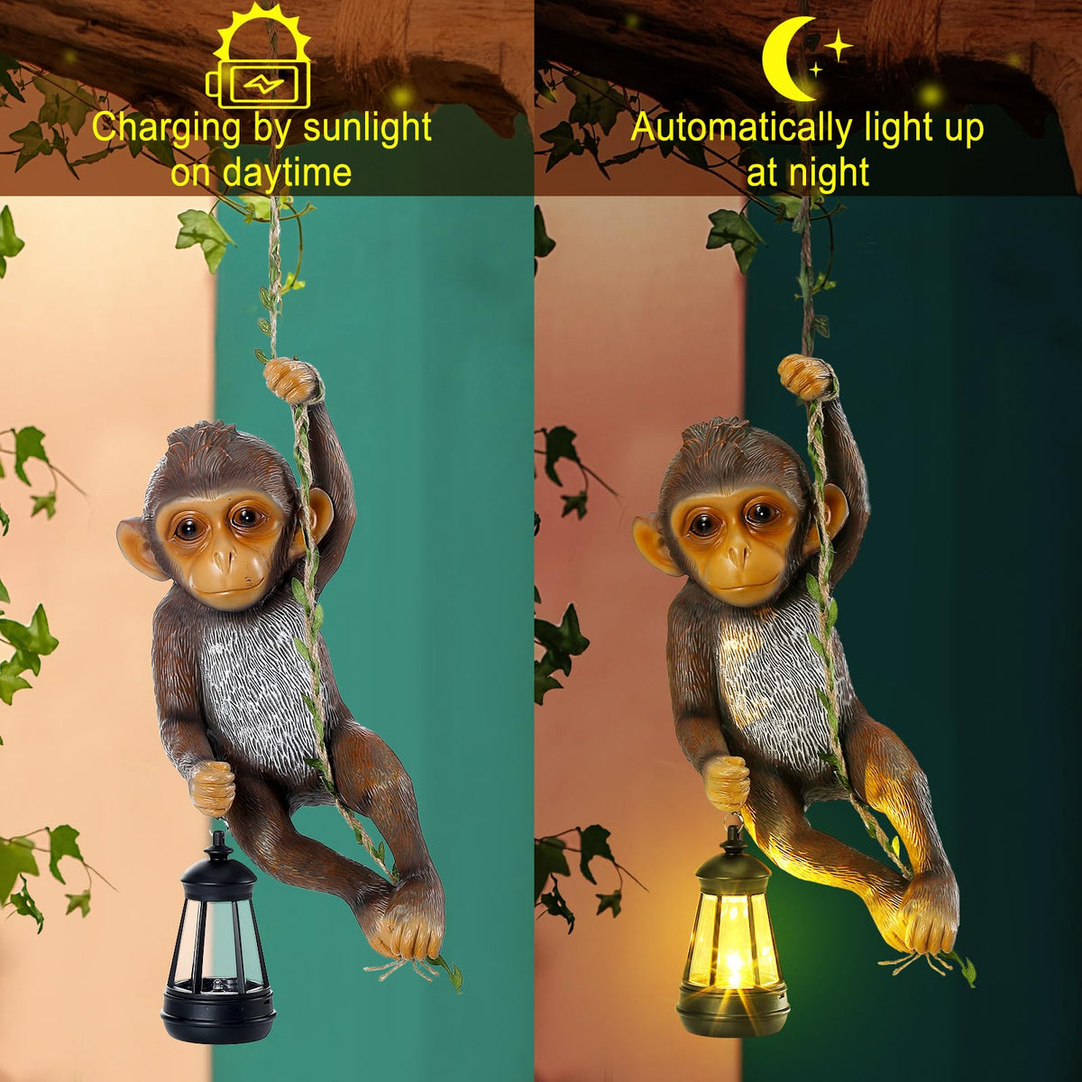 Rossesay outdoor monkey statue installation demonstrates easy hanging with built in hook