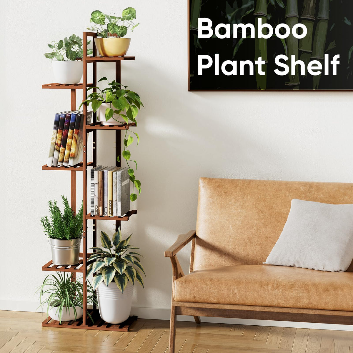 ROSSNY brown finish complements home decor while showcasing plants.