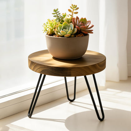 ROSSNY small plant stand with 7-inch height fits 10-inch pots, ideal for compact shelves.