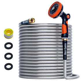 Rosy Earth 100ft stainless steel garden hose coiled for easy storage and durability.