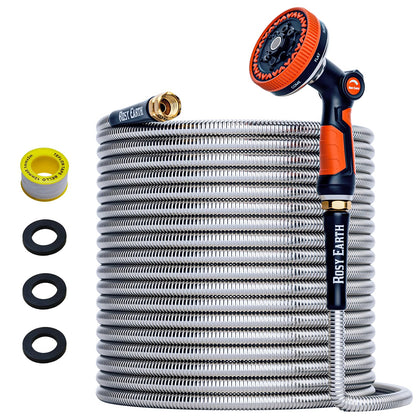 Rosy Earth 100ft stainless steel garden hose coiled for easy storage and durability.