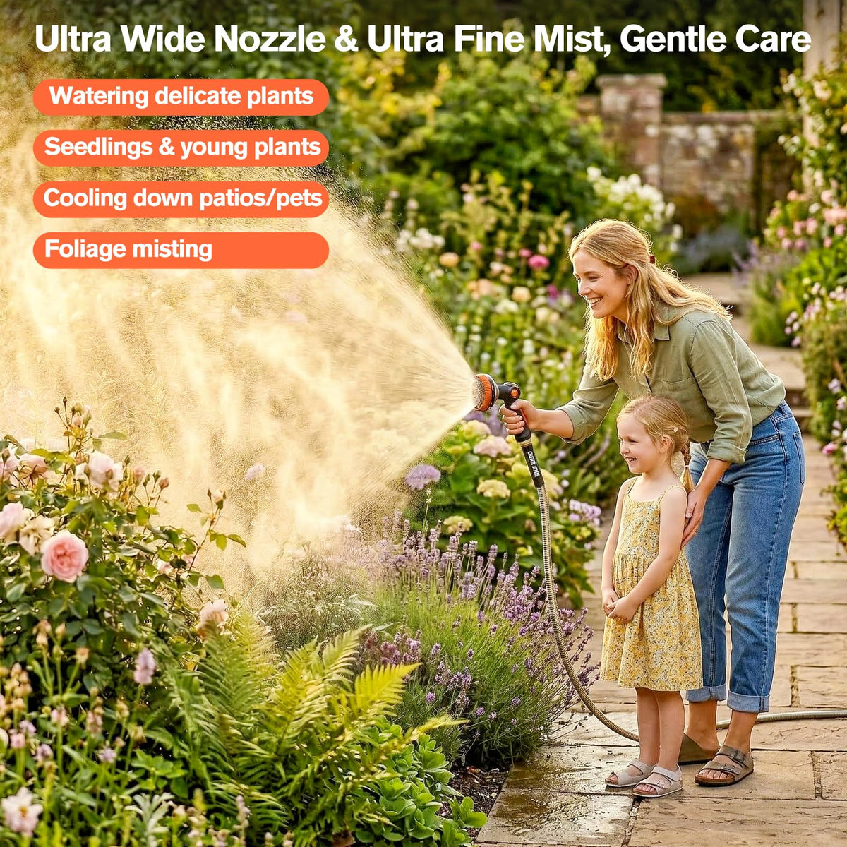 Rosy Earth 8-pattern nozzle shown for versatile watering and cleaning.
