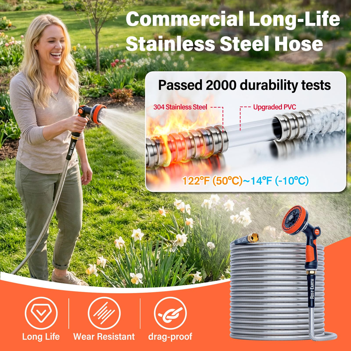 Rosy Earth flexible hose coils neatly around corners for easy storage.