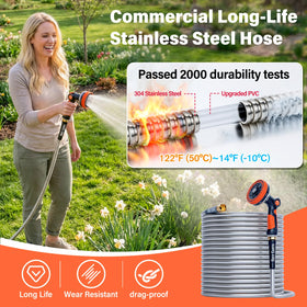 Rosy Earth flexible hose coils neatly around corners for easy storage.