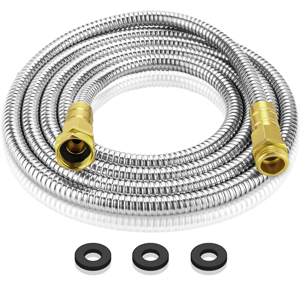 Rosy Earth garden hose with 10ft metal casing for durable outdoor watering.