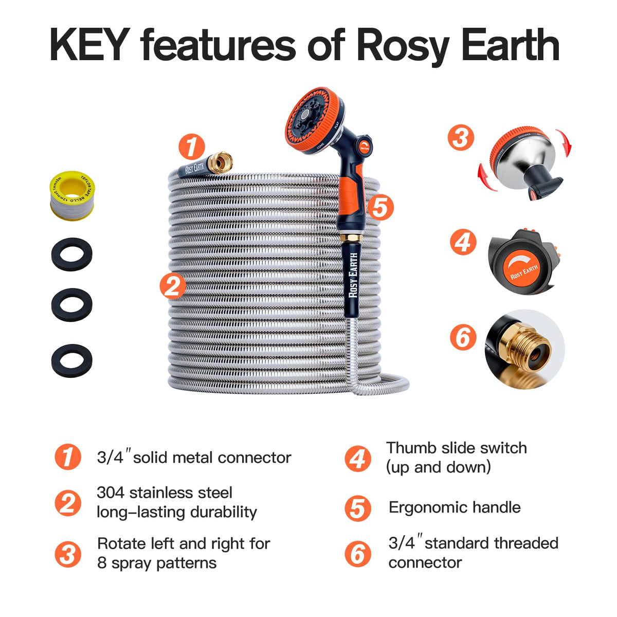 Rosy Earth kink-free metal hose demonstrates smooth water flow during use.