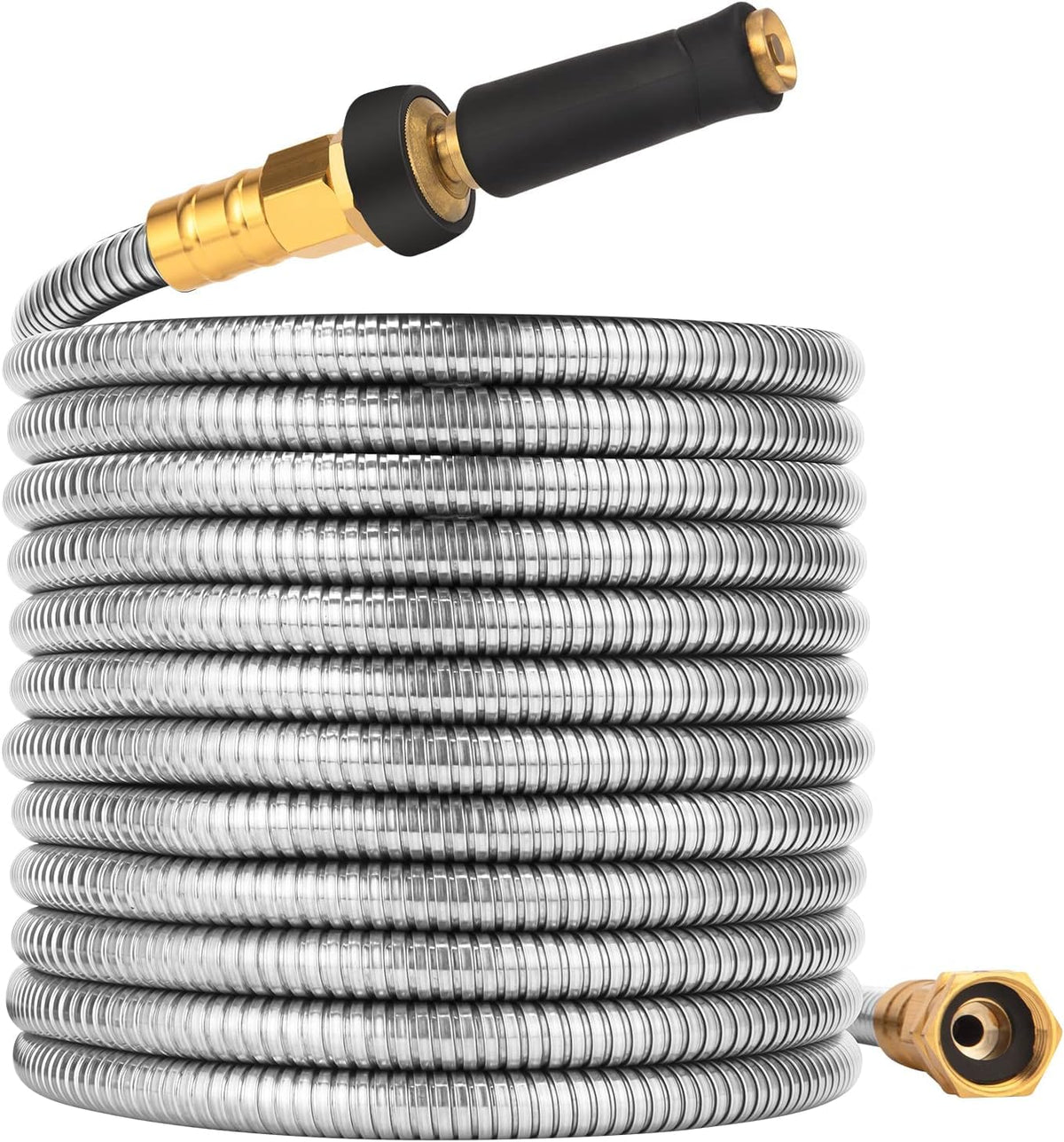 Rosy Earth metal garden hose 175ft shown ready for outdoor watering.