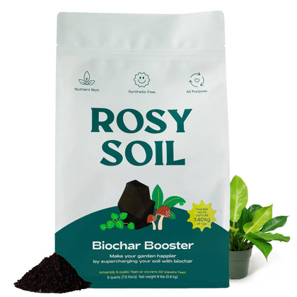 Rosy Soil Biochar Booster bag in eco-packaging for garden soil enhancement.