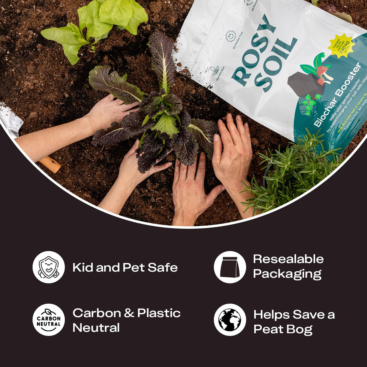 Rosy Soil Biochar Booster eco-packaging emphasizes sustainability and soil health.