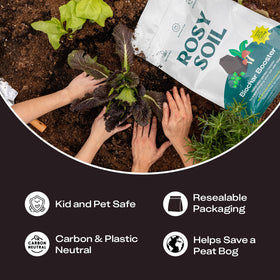 Rosy Soil Biochar Booster eco-packaging emphasizes sustainability and soil health.