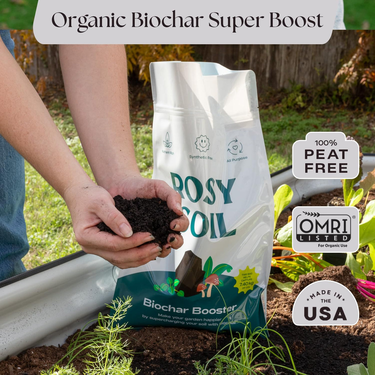Rosy Soil Biochar Booster being measured with a scoop for precise soil amendment.