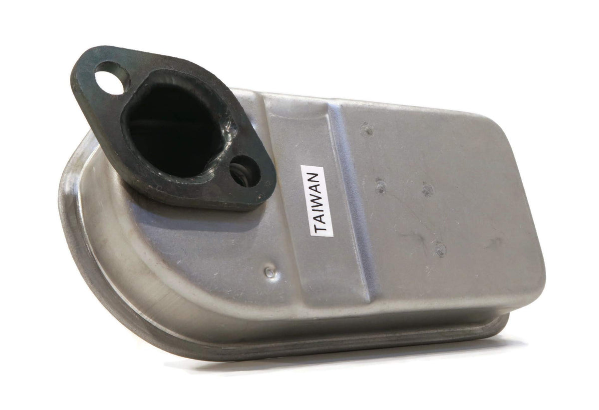 Rotary muffler aids exhaust routing and engine appearance on snowthrowers.