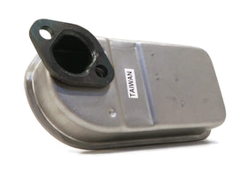 Rotary muffler aids exhaust routing and engine appearance on snowthrowers.