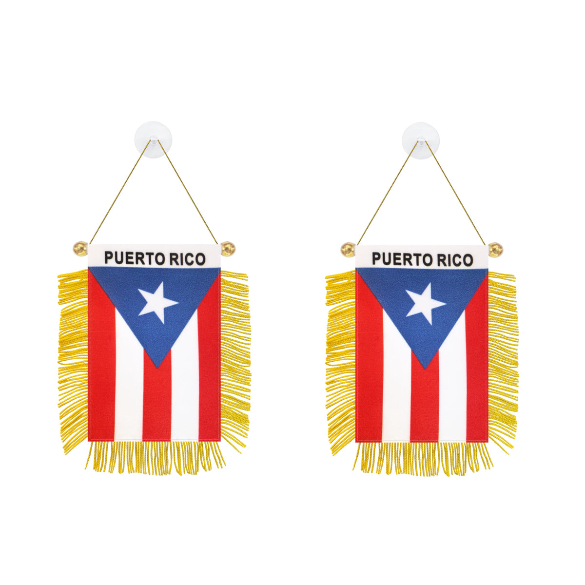 Rotenl Puerto Rico window flag 3x5 with gold fringe enhances home decor on glass.