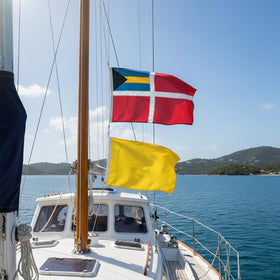 ROTERDON Bahamas flag shown outdoor display on porch and boat