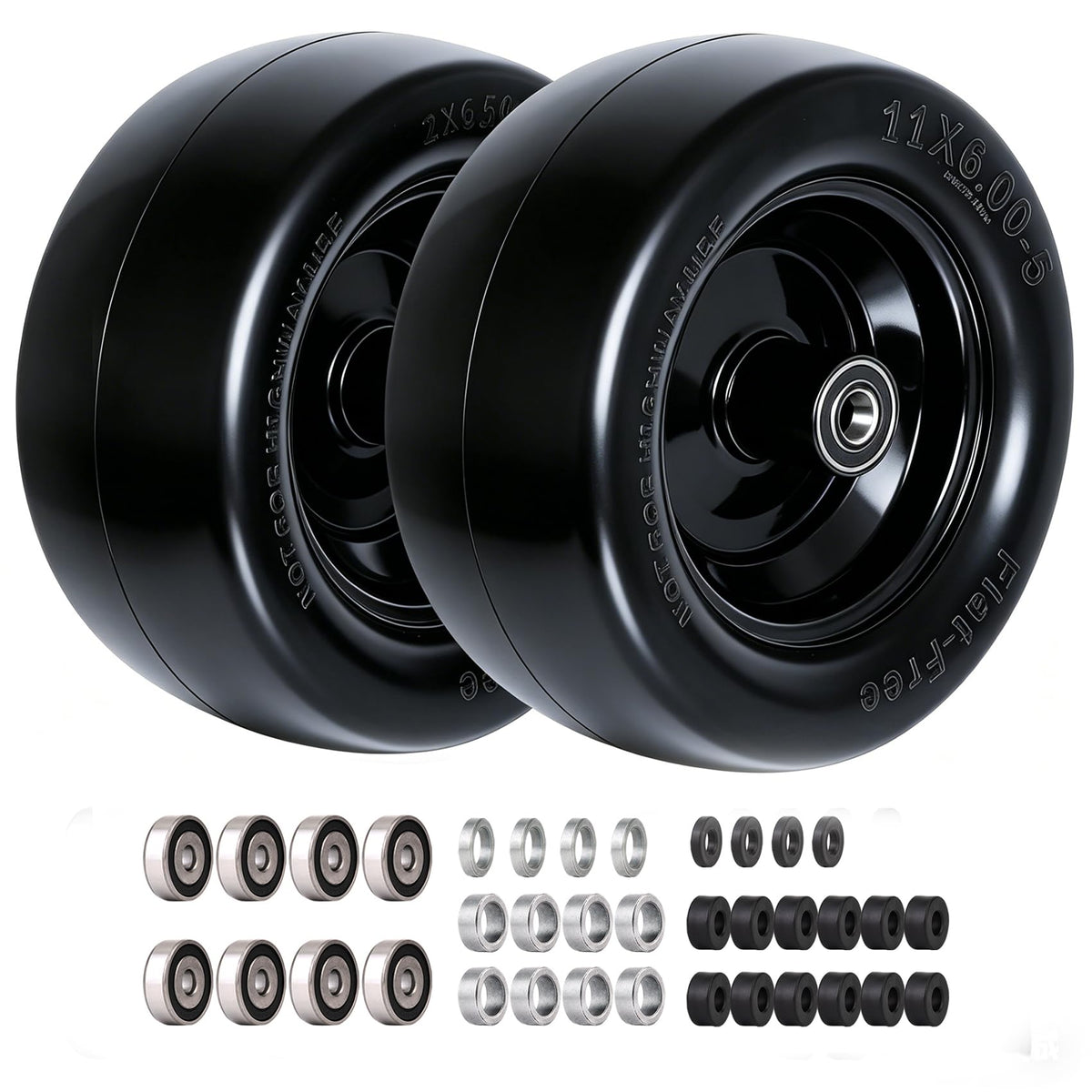 Roueoo 11x6-00-5 flat-free tire mounted on a lawn mower for maintenance-free mowing.