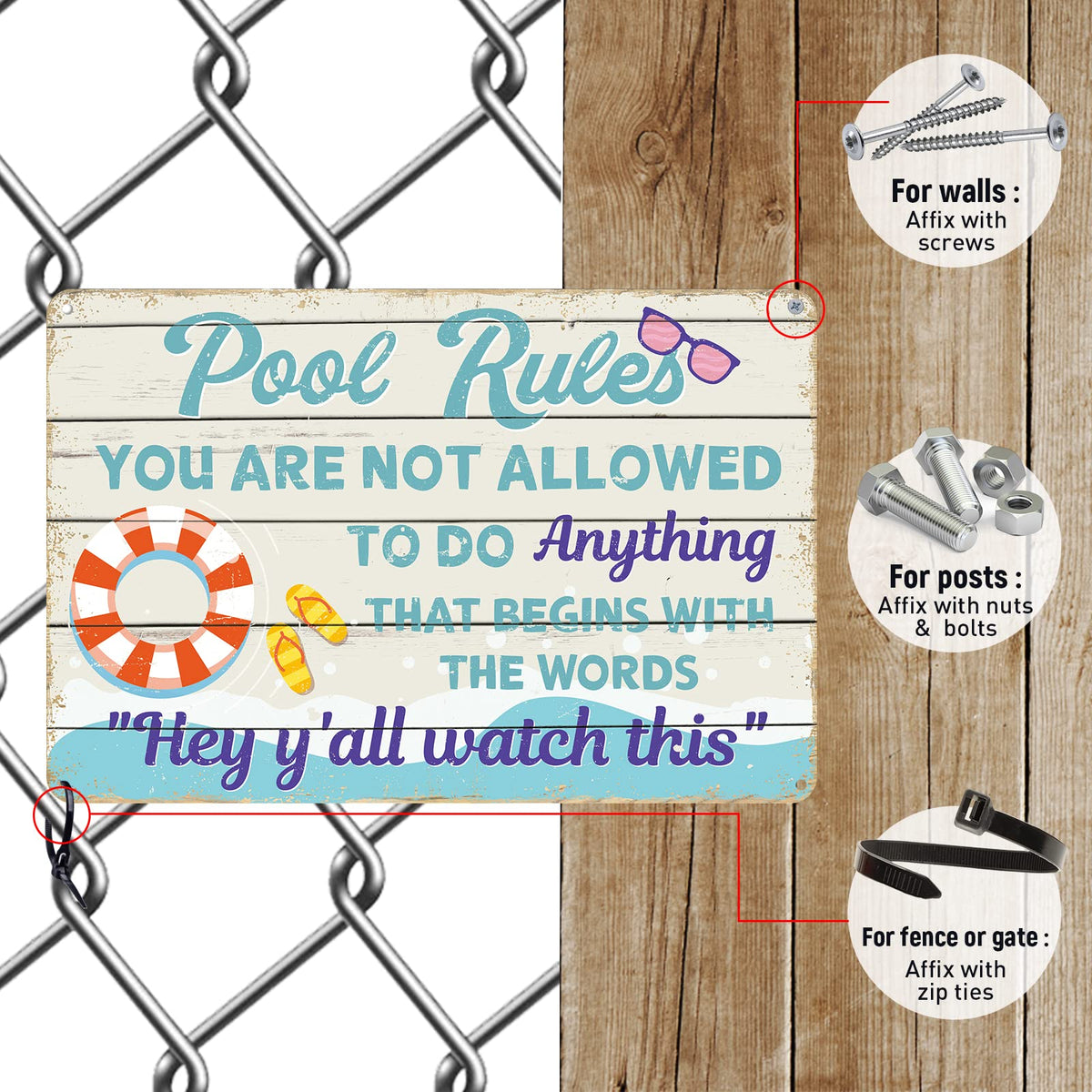 Rousen pool party sign adds humor and charm to any pool area.